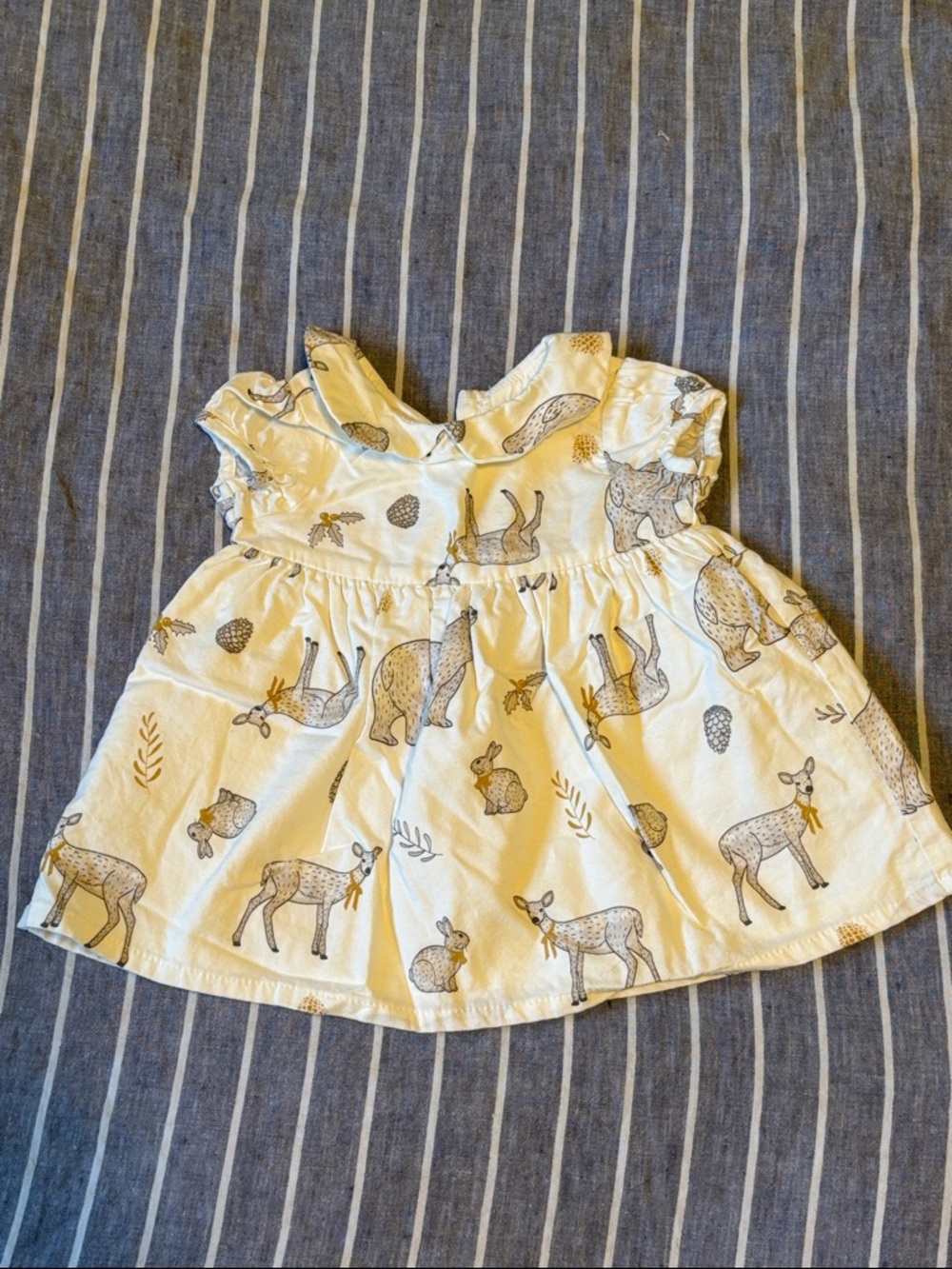 Cute Forest Animal White Cotton Dress With Collar and Buttons Size 3 Months